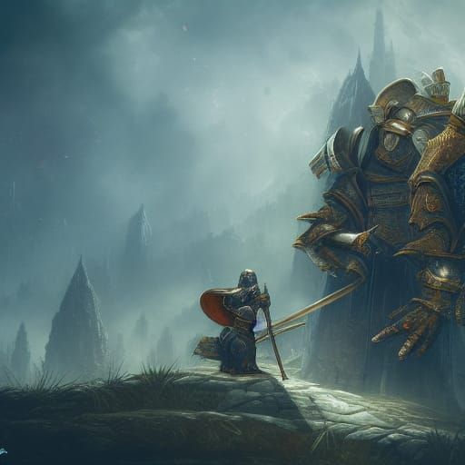 Magnificent Beaten Knight Amidst Fantastical Landscape