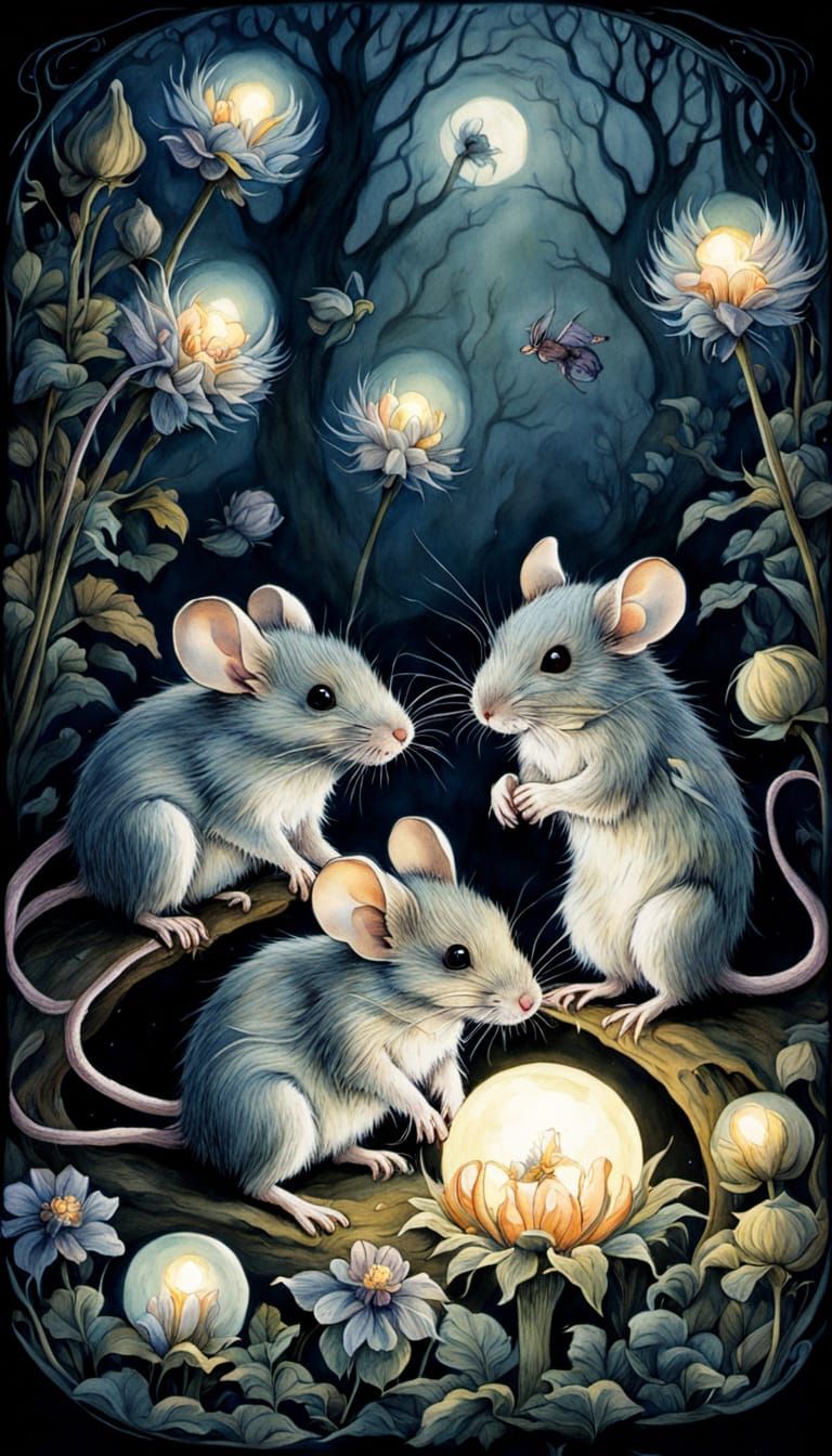 Mice Meeting in Pompom: Dark Fantasy Illustration