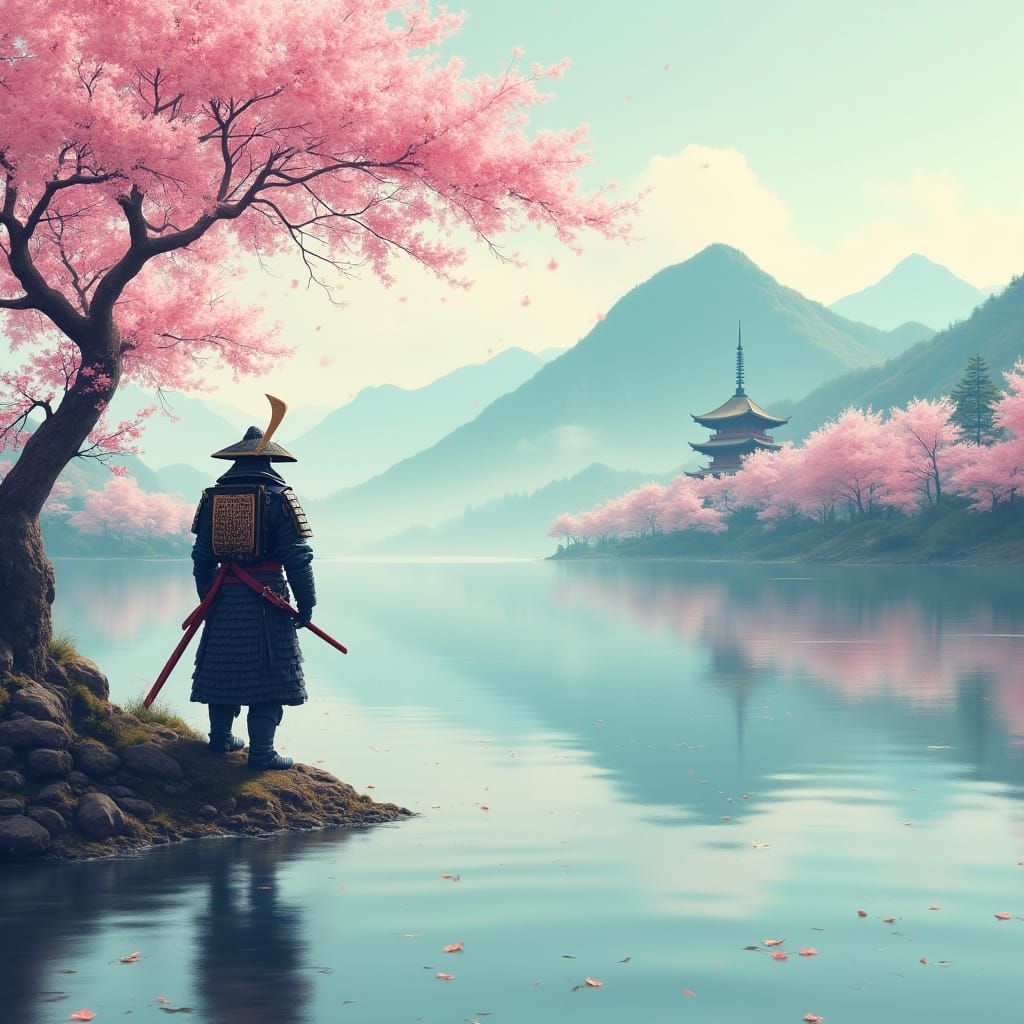 Futuristic Samurai in Dreamy Japanese Woodblock Print