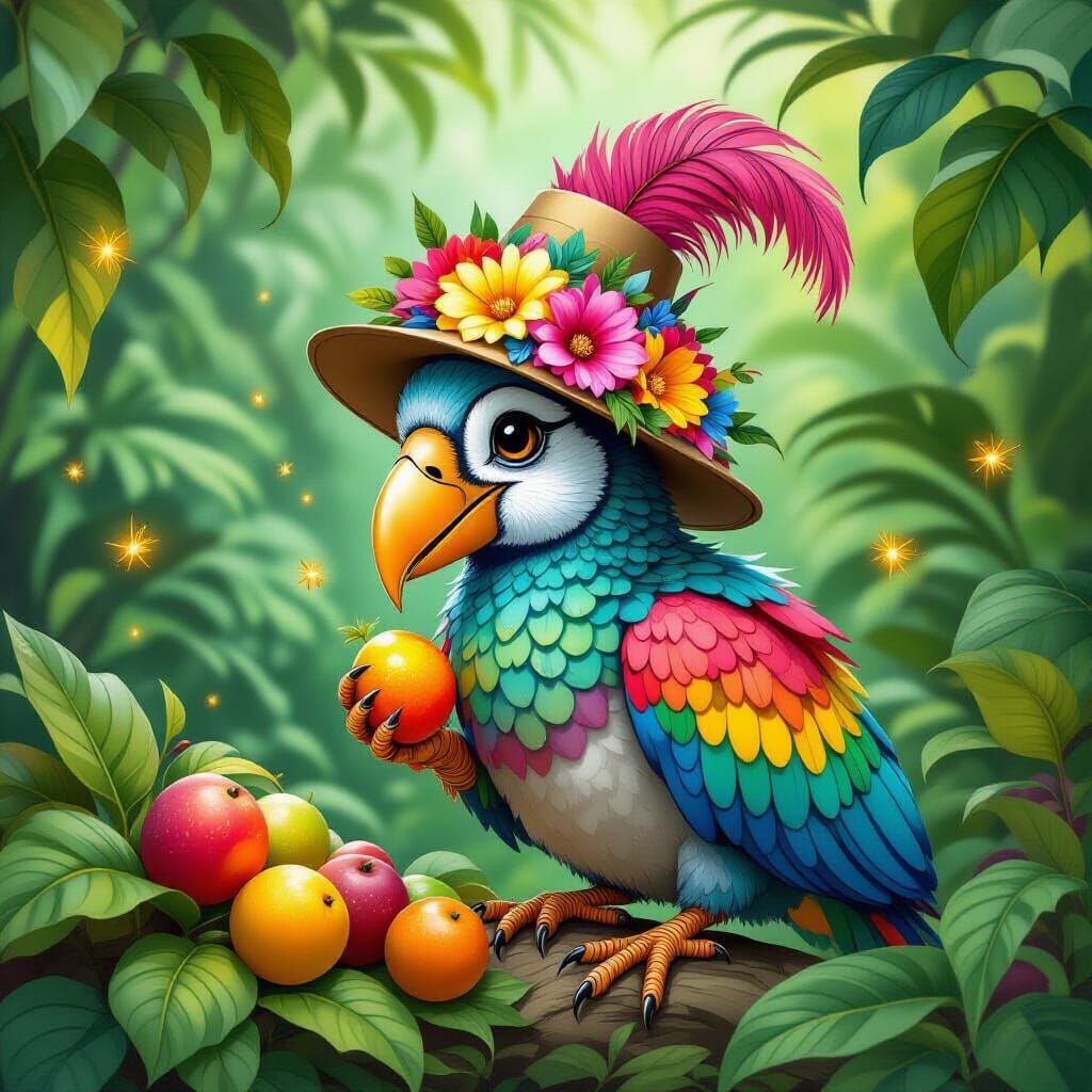 Dodo Bird in Jungle with Glowing Fruit as Art Nouveau Illust...