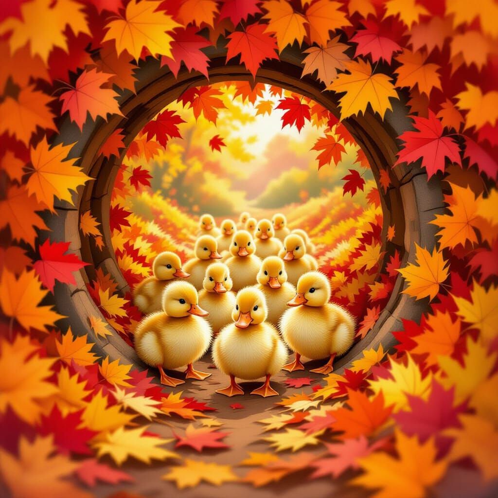 Fluffy Ducklings Wade Through Autumn Leaves Tunnel