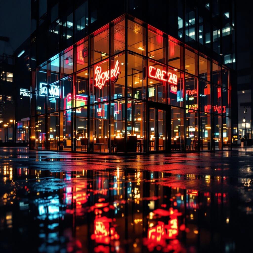 Glass Building at Night Photorealism
