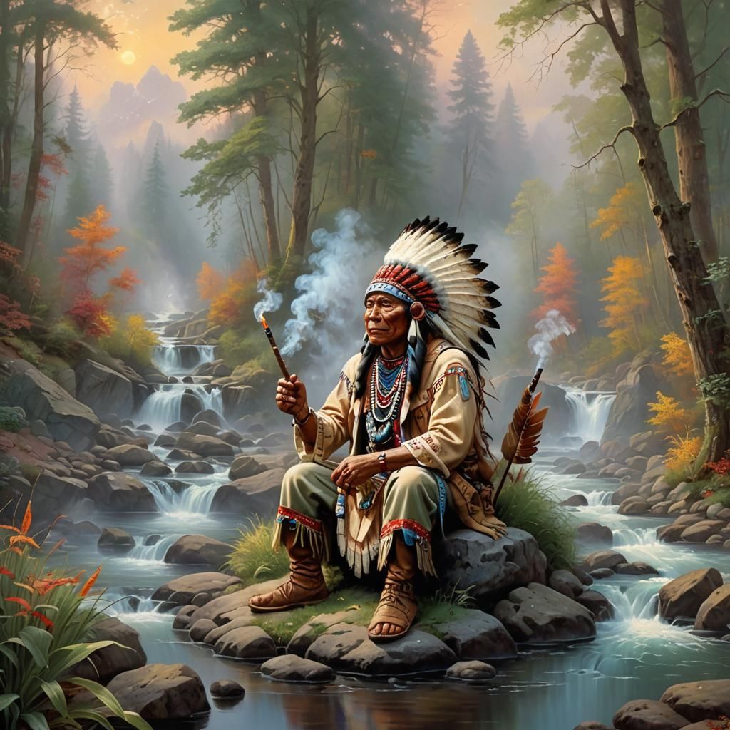 Mystical Indian Chief in Whimsical Landscape