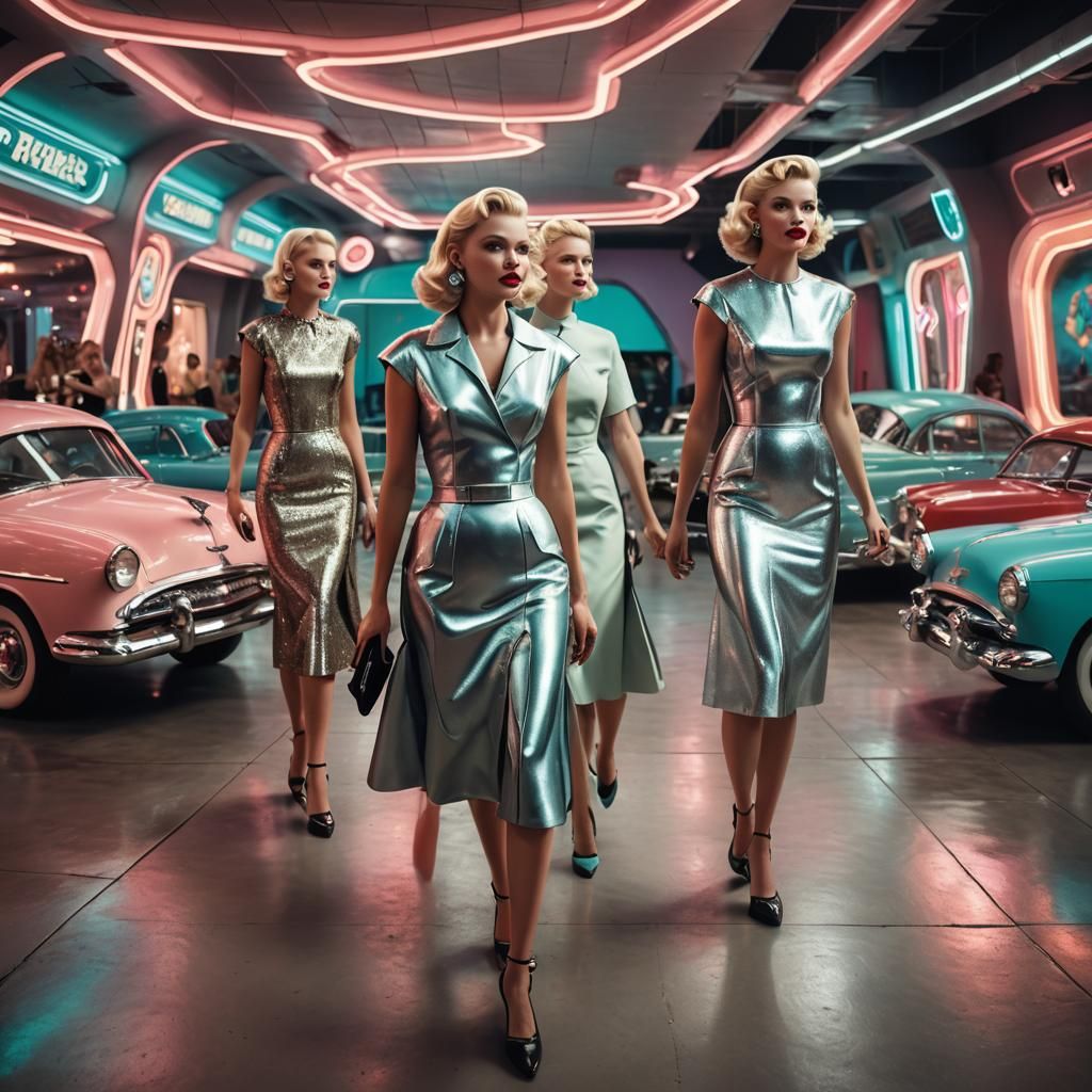 Three Retro-Futuristic Blondes Walk Towards the Camera