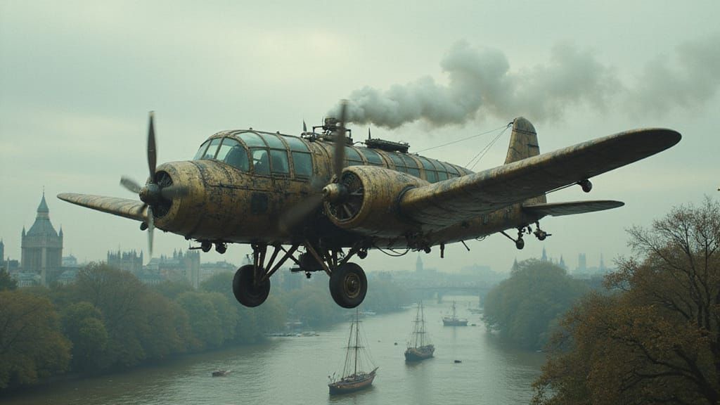 Steampunk Dragonfly Airplane Over Victorian London