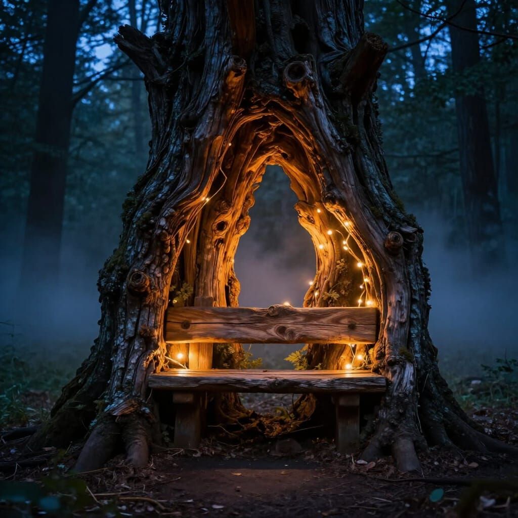 Ancient Tree Bench With Fairy Lights in Twilight Forest