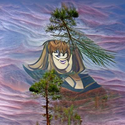 Mysterious Female Figure Among Ancient Norway Pines in Whims...