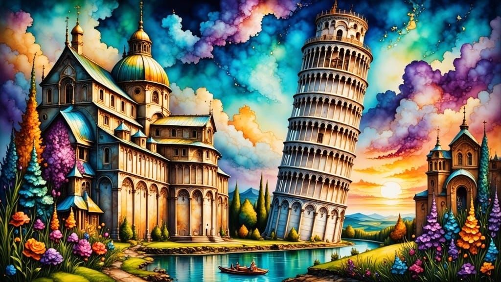 Welcome Script On Leaning Tower Of Pisa In Splash Art Style