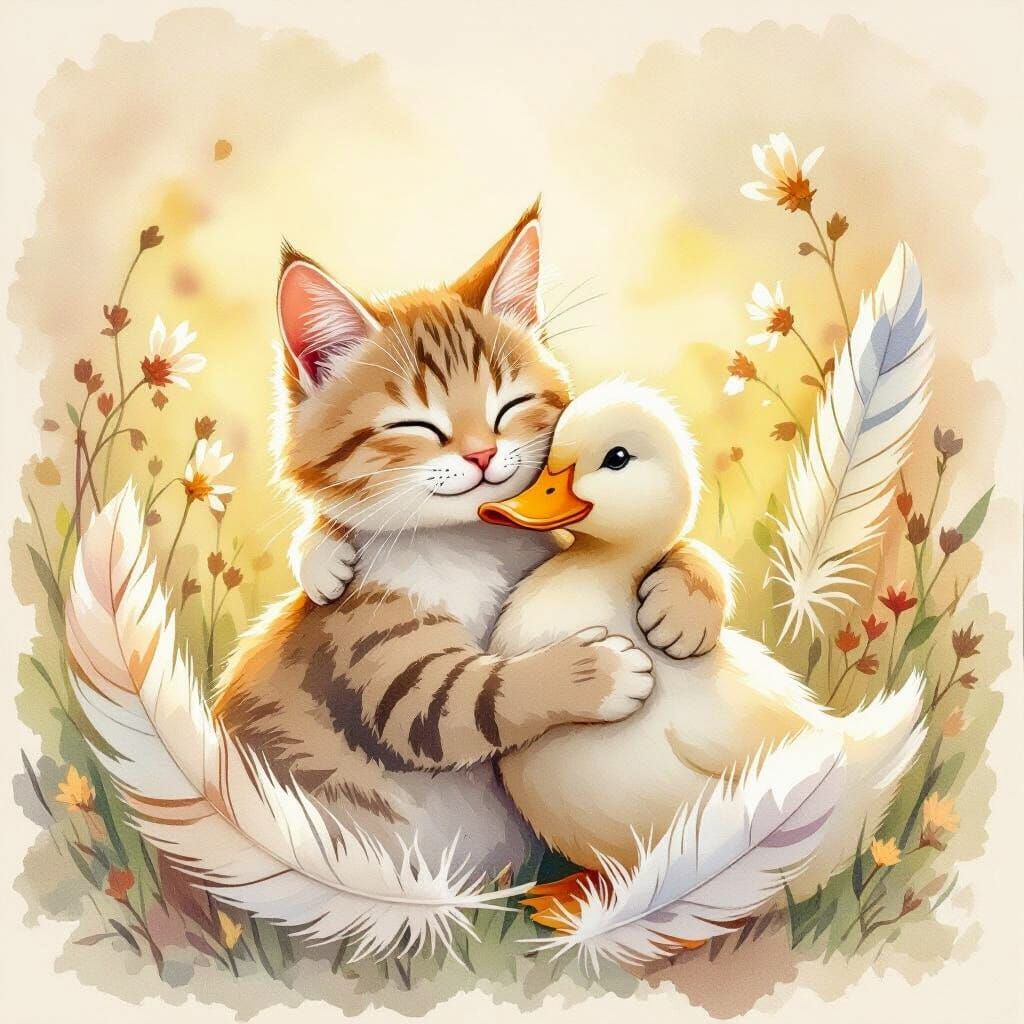Cat and Duck Embrace in Watercolor Style