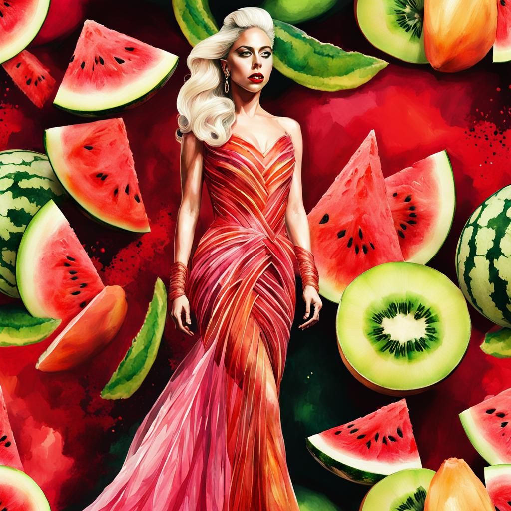 Lady Gaga's Watermelon Dress: a Digital Watercolor Portrait