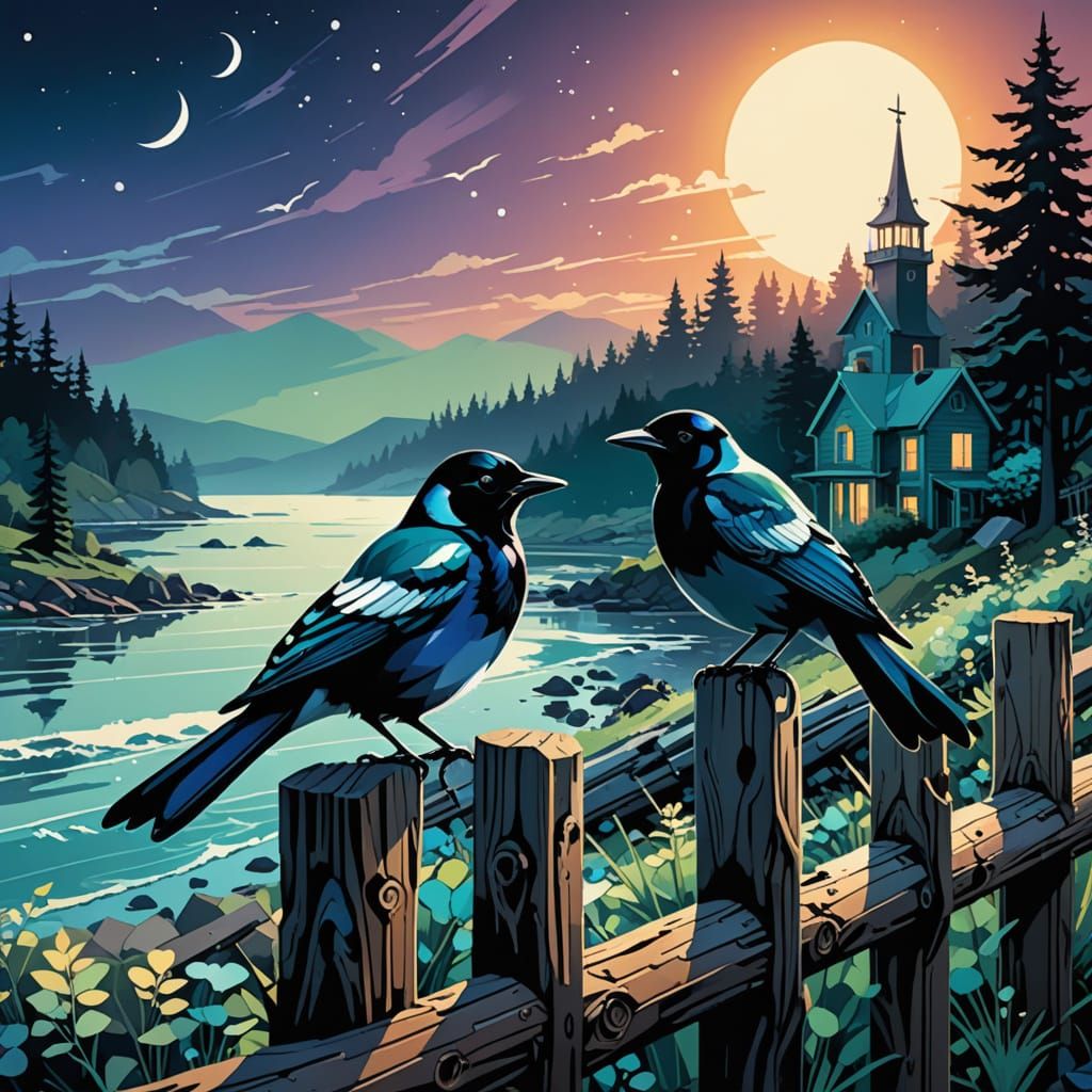 Magpies on Driftwood: A Whimsical Comic Book Illustration