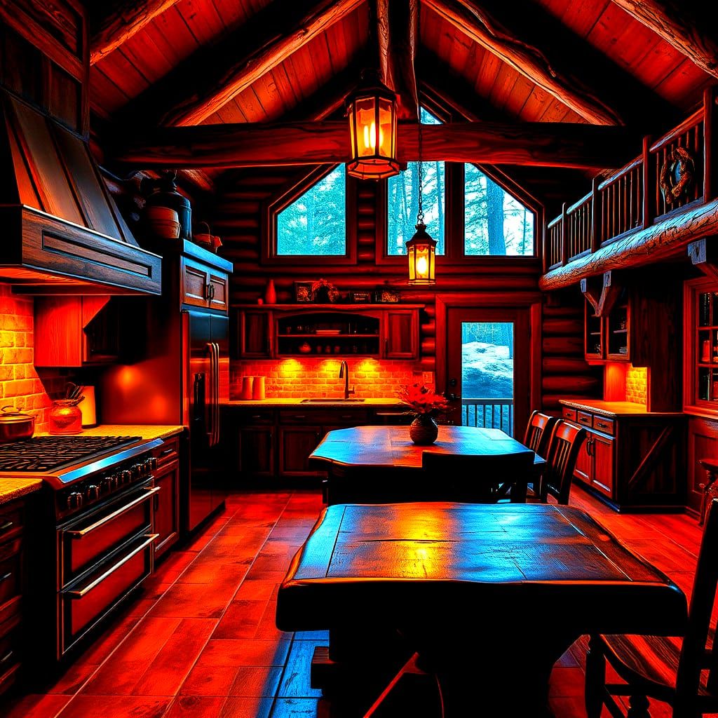 Cozy Rustic Log Cabin Kitchen with Warm Ambiance