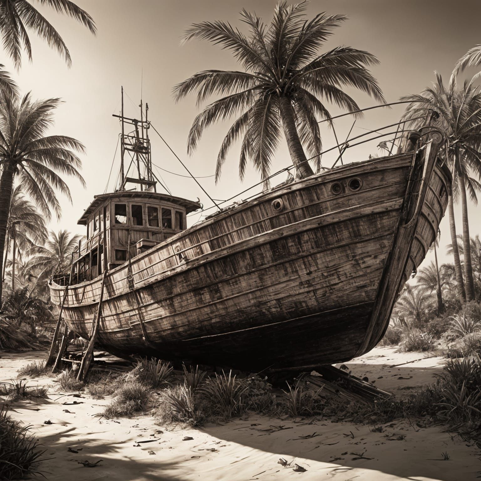 Beached Shrimp Boat in Sepia Tones