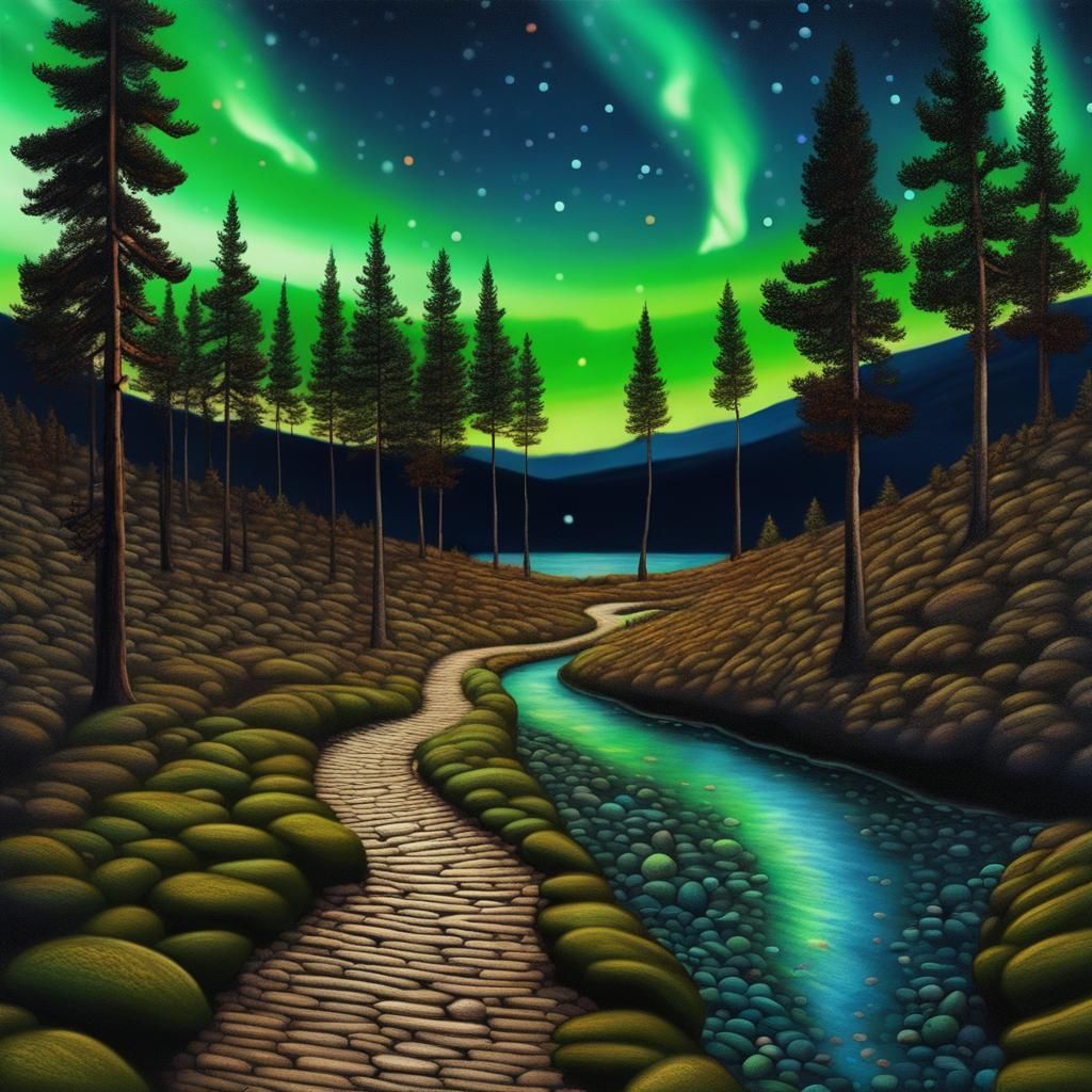 Dark Pine Forest, Streaking Aurora Borealis Starry Night Ski...