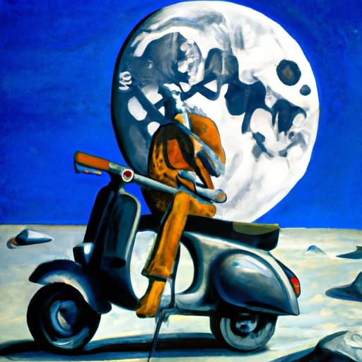 Rockstar on Lunar Motorbike in Cubist Oil Painting