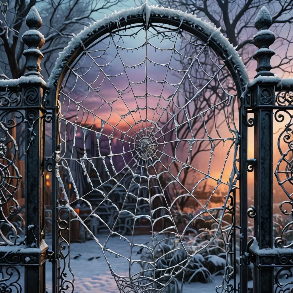Frosted Wrought Iron Gate Spiderweb in Iridescent Colors