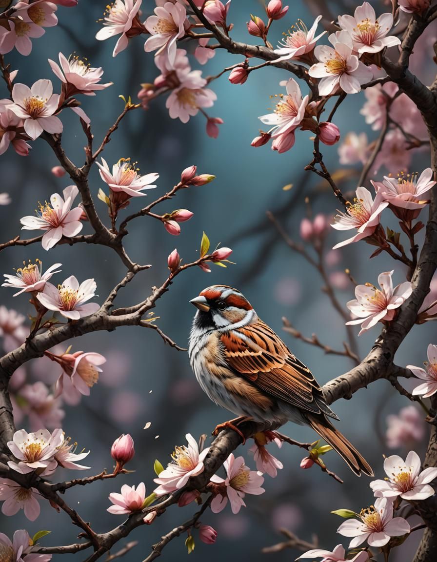 Sparrow in Fantastical Bloom, Close-up in Vibrant Colors