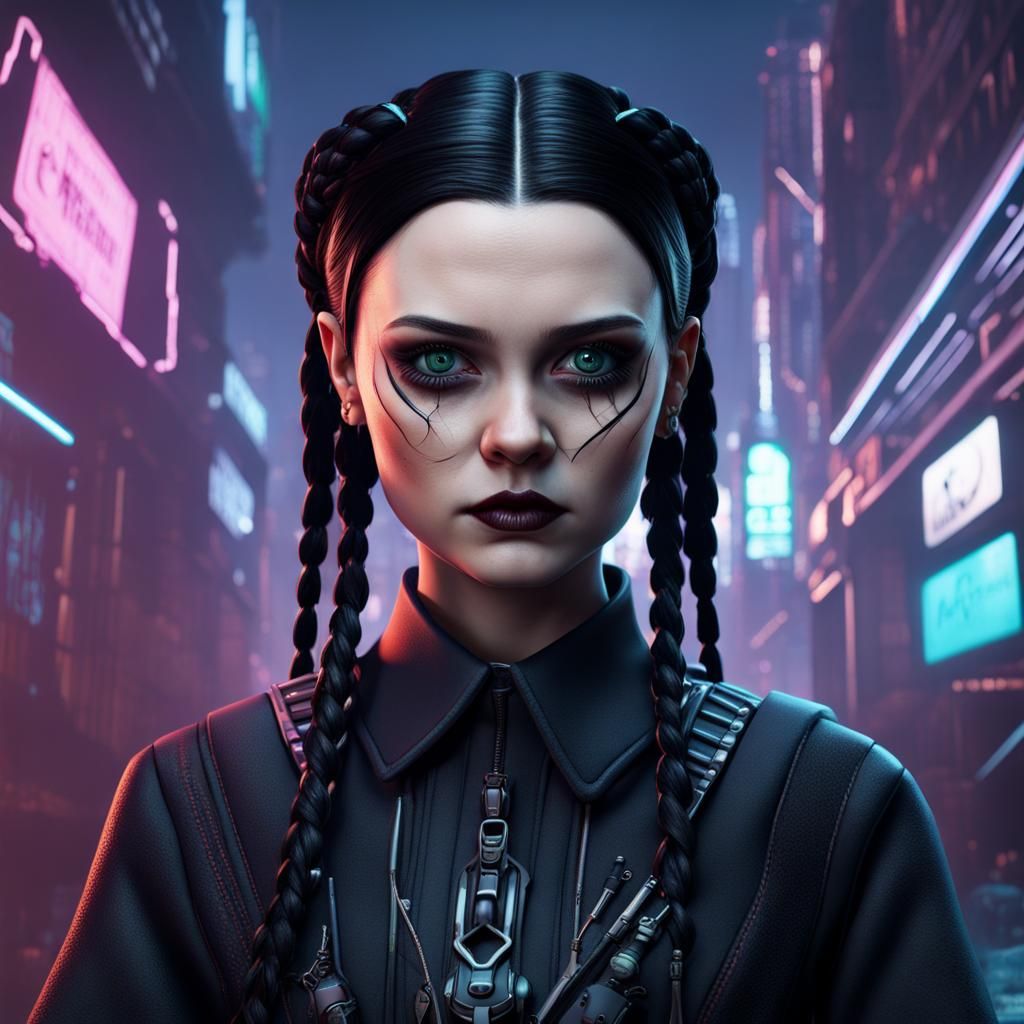 Gothic Cyberpunk Wednesday Addams Portrait