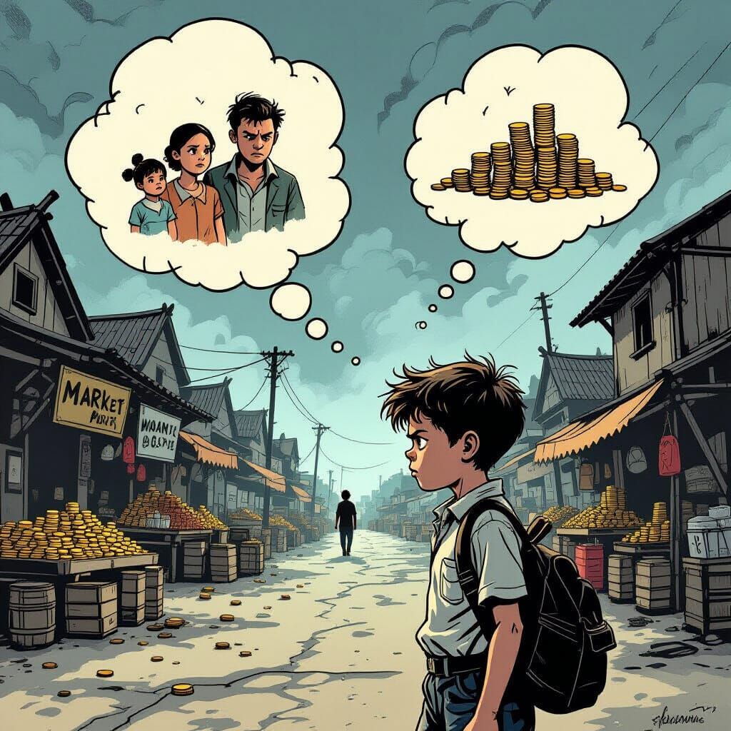 Angry Boy's Market Journey: Future, Family, and Coins