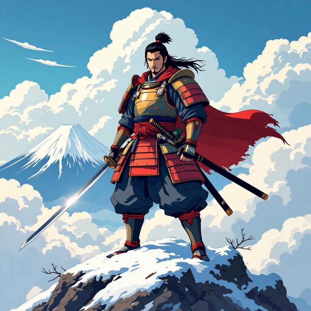 Anime Samurai Warrior on Snow Mountain in Ghibli Style