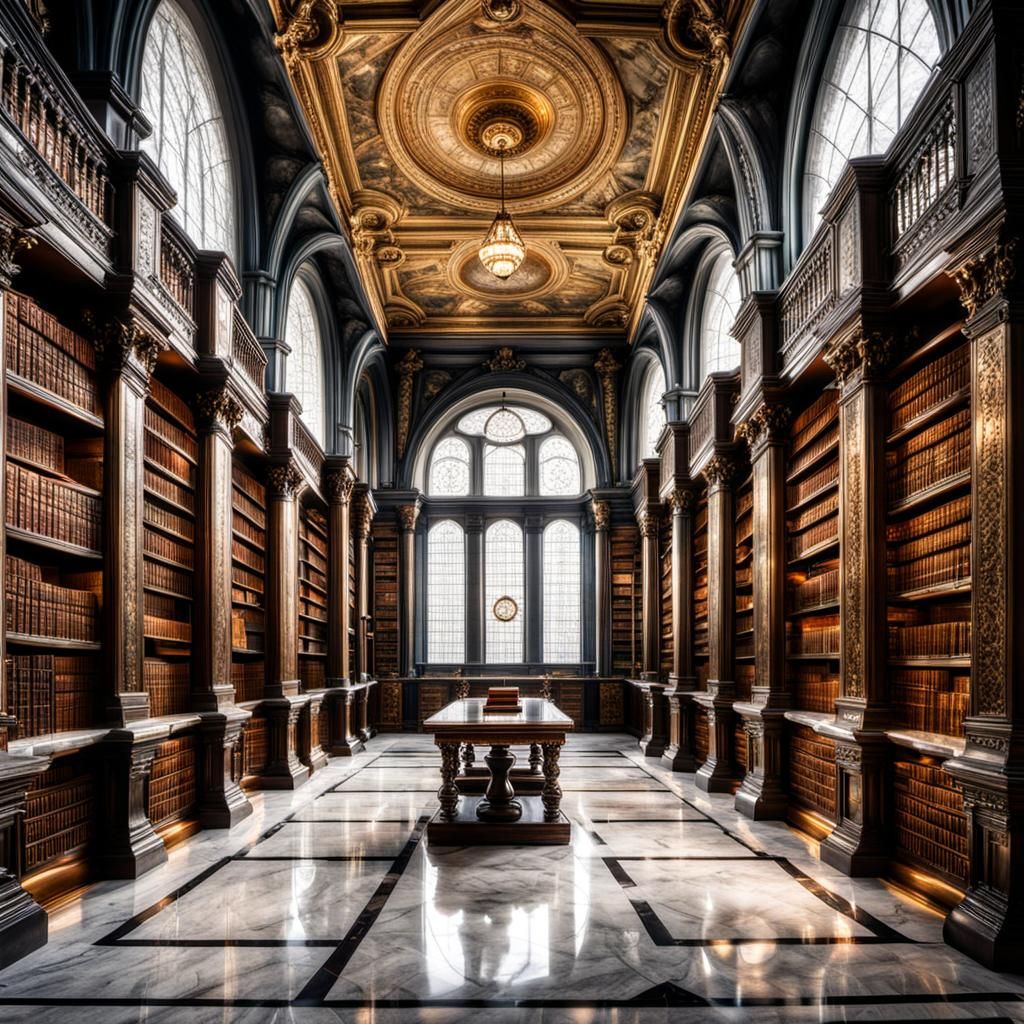 Elegant Ancient Library in Hyperrealistic Detail