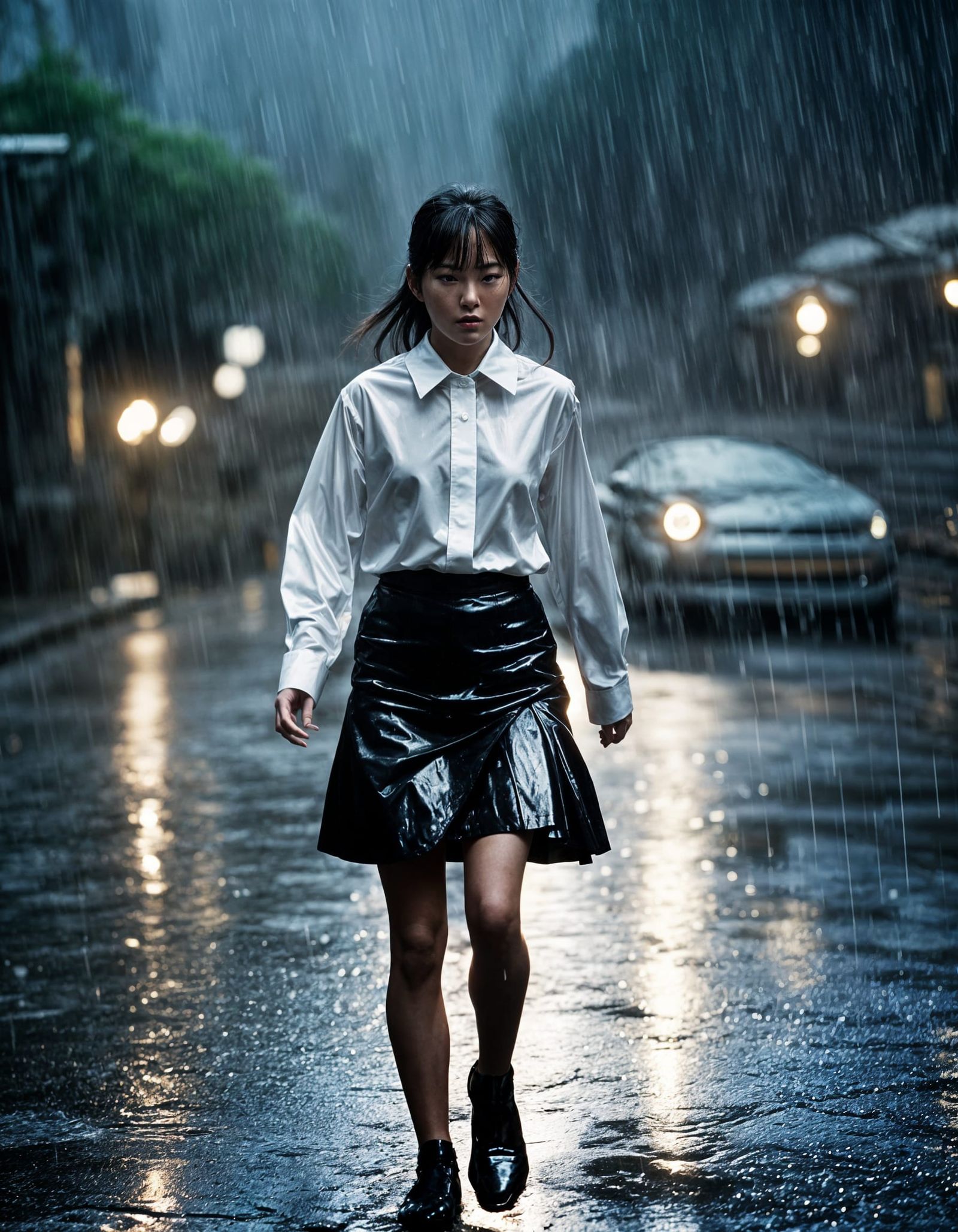 Cinematic Rainy Street Scene with Young Korean Woman