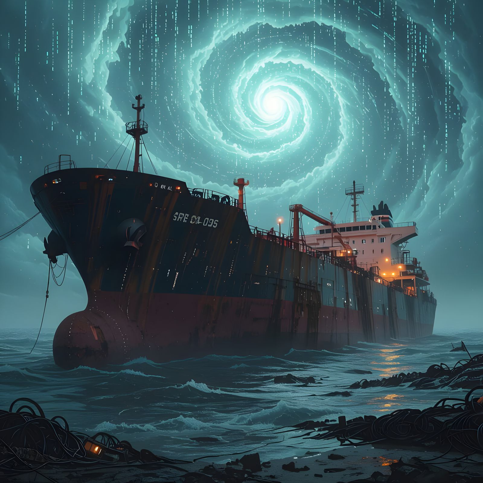 Derelict Oil Tanker in Digital Sea, Photorealistic Style
