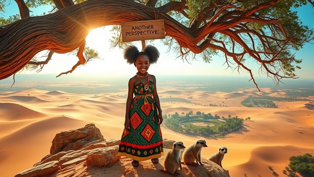 Serenely Standing African Girl in Desert Oasis