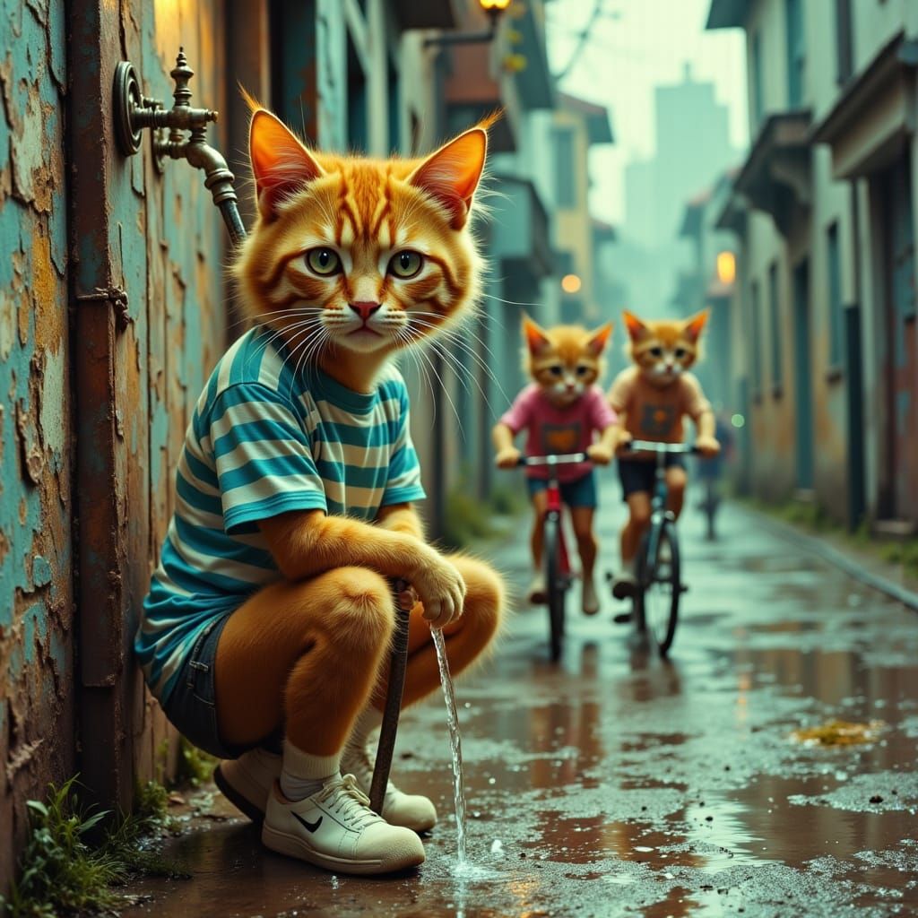 1980s Anthropomorphic Cats Biking at Dusk