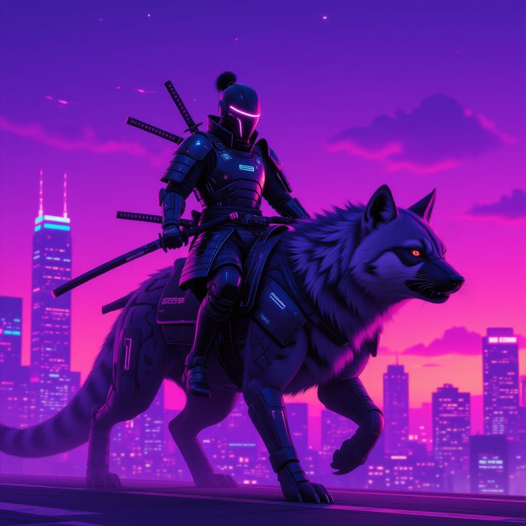 Cyberpunk Samurai Riding Dragon-Hyena Hybrid