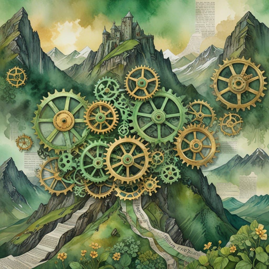 Green Steampunk Mountain in Art Nouveau Style