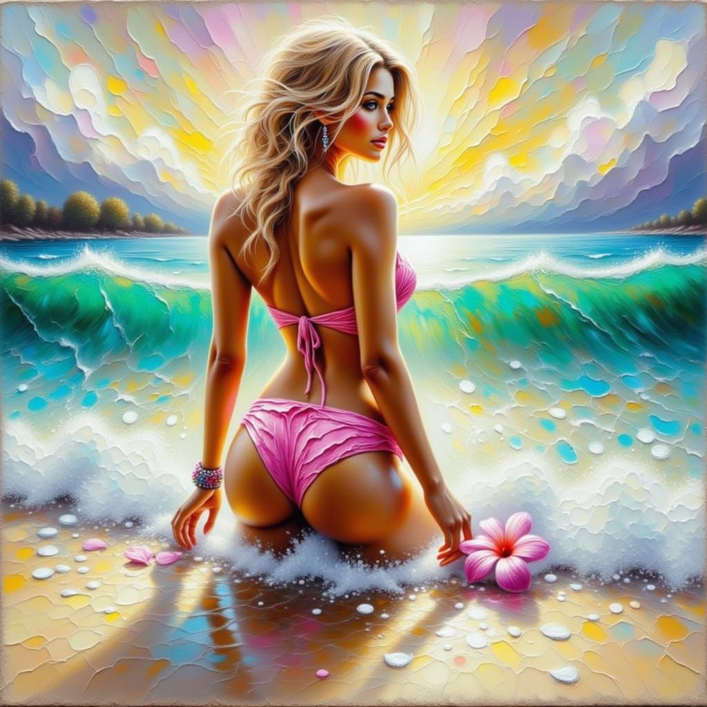 Divine Blonde Woman on Beach as Impasto 3D Render