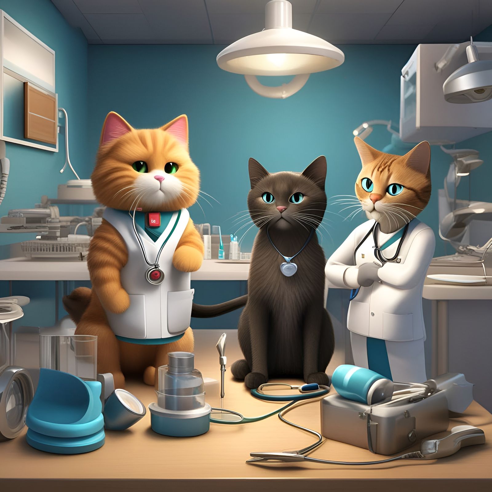 Depict a dramatic transformation in a veterinary clinic, where cats have taken over the roles of doctors, nurses, and te...