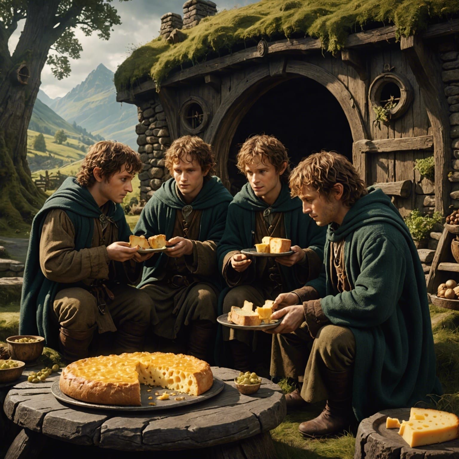 Hobbits Enjoying Cheese Bread in a Fantastical Realm