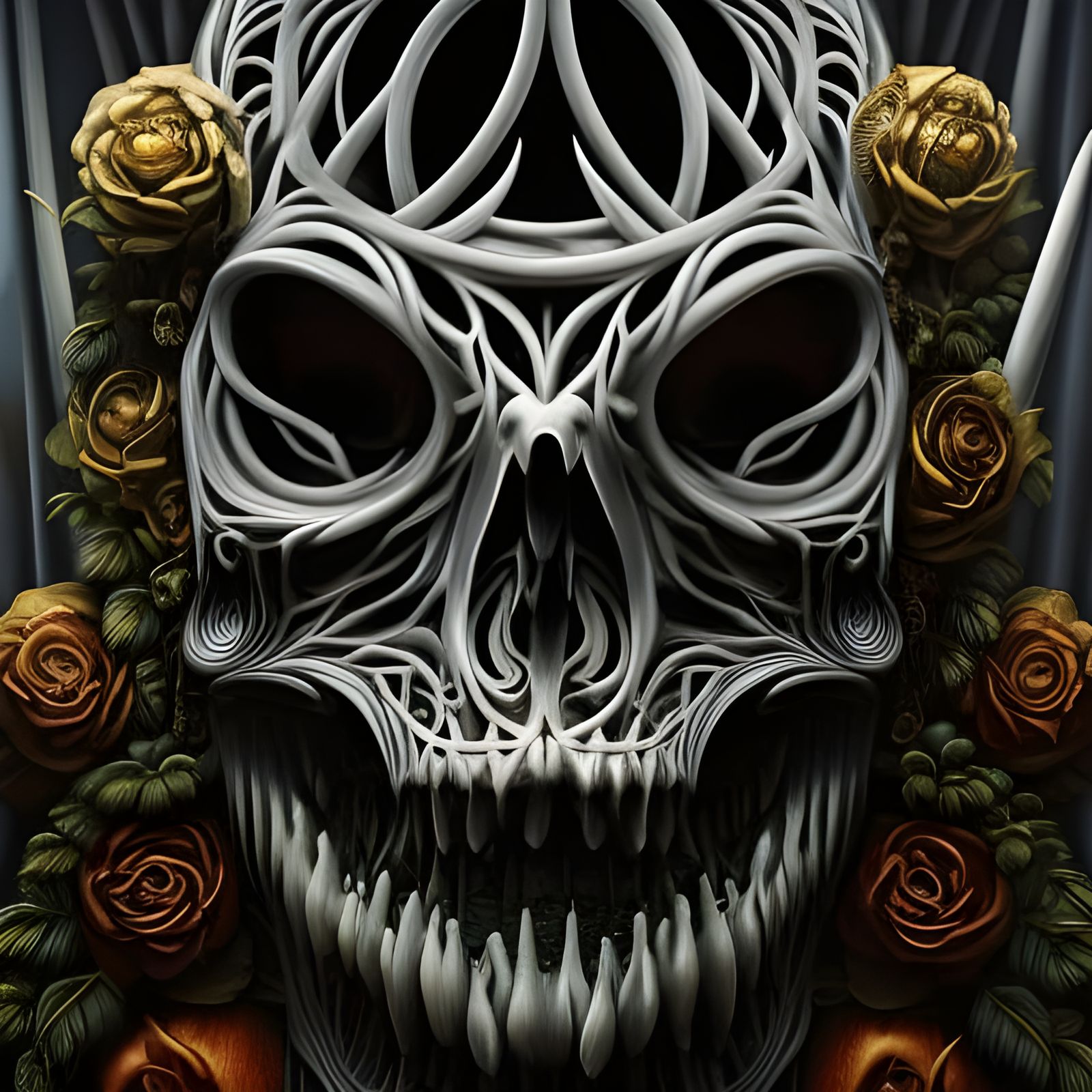 Macabre Demon Skull Mask in Dark Fantasy Painting