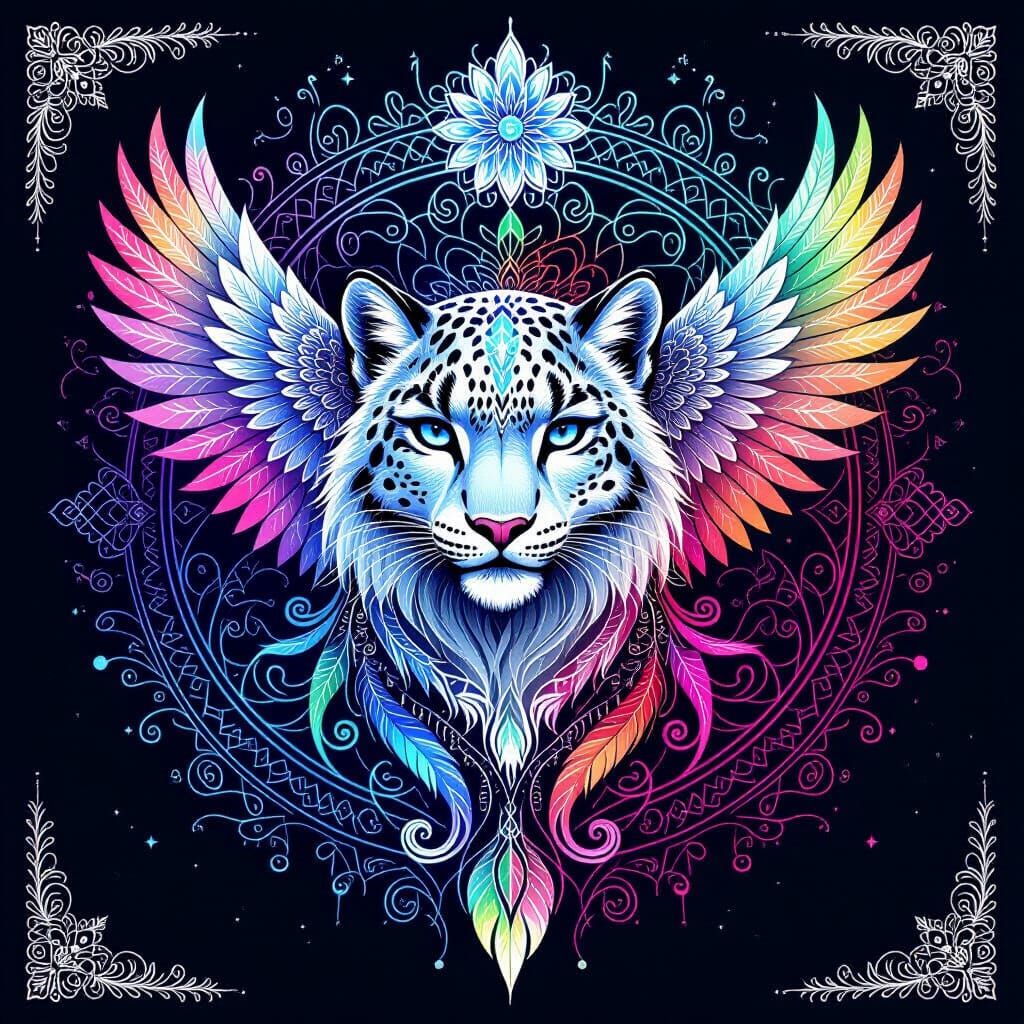 Snow Leopard with Feathered Wings in Shamanic Style