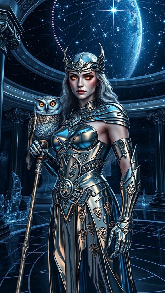 Futuristic Chrome Athena in Celestial Temple