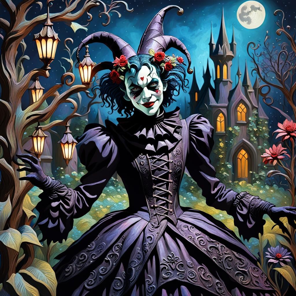 Gothic Impasto Jester Under Moonlit Garden