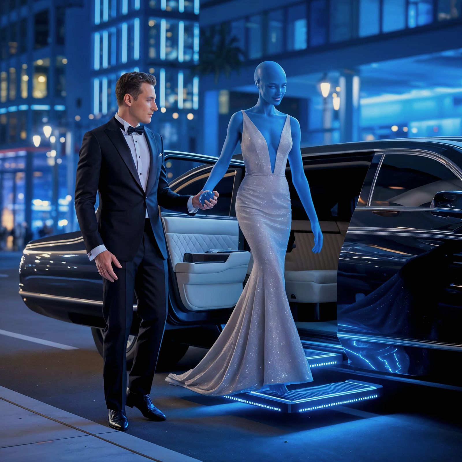 Utopian Sci-Fi Scene: Man in Tuxedo Assists Blue-Skinned Ali...