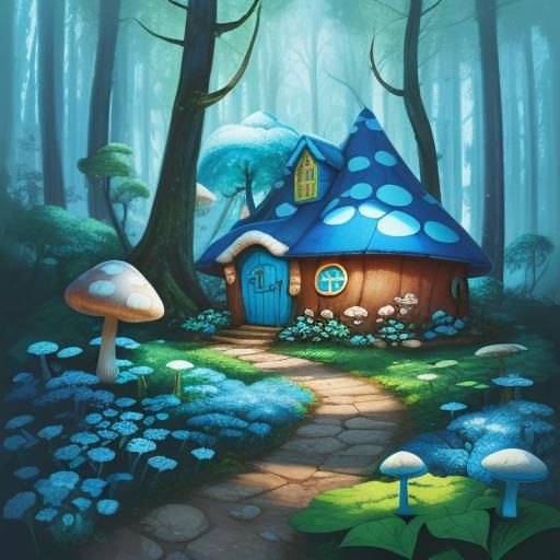 Whimsical Smurf Enjoys Mushroom House in Forest