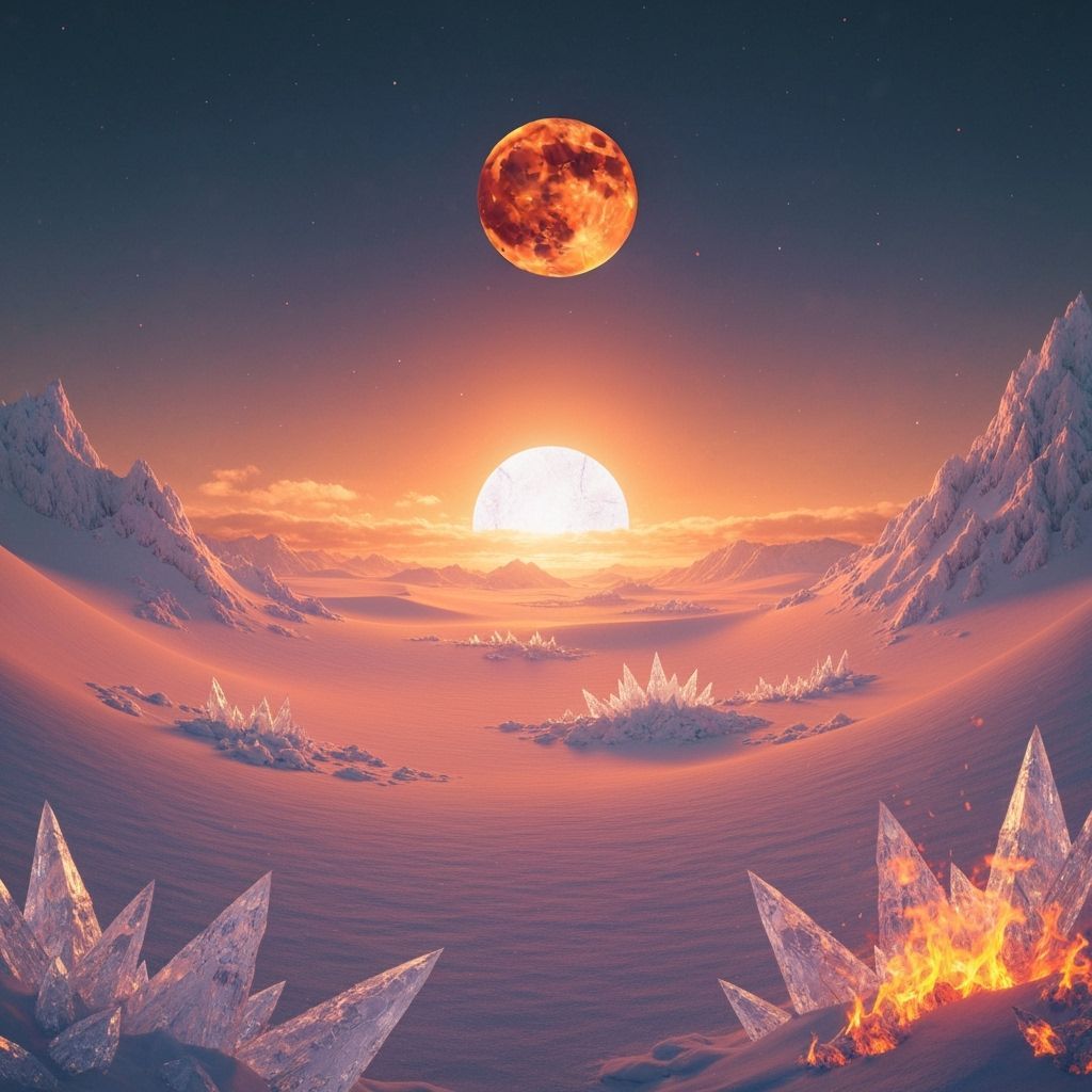 Fiery Moon & Icy Sun Over Snowy Desert