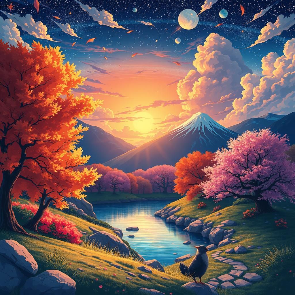 Ethereal Mosaic of Seasons Blended in Vibrant Cel-Shaded Sty...