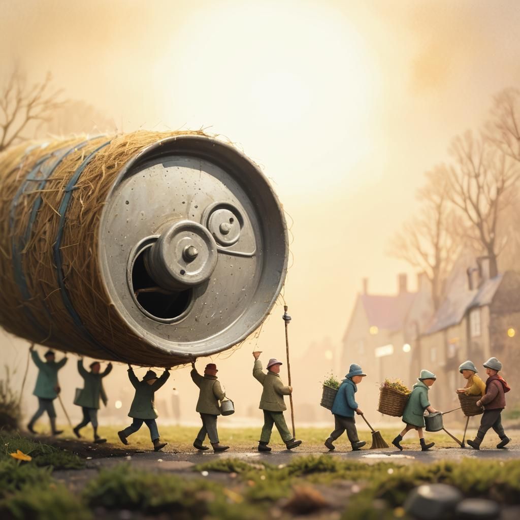 Tiny people cleaning the street