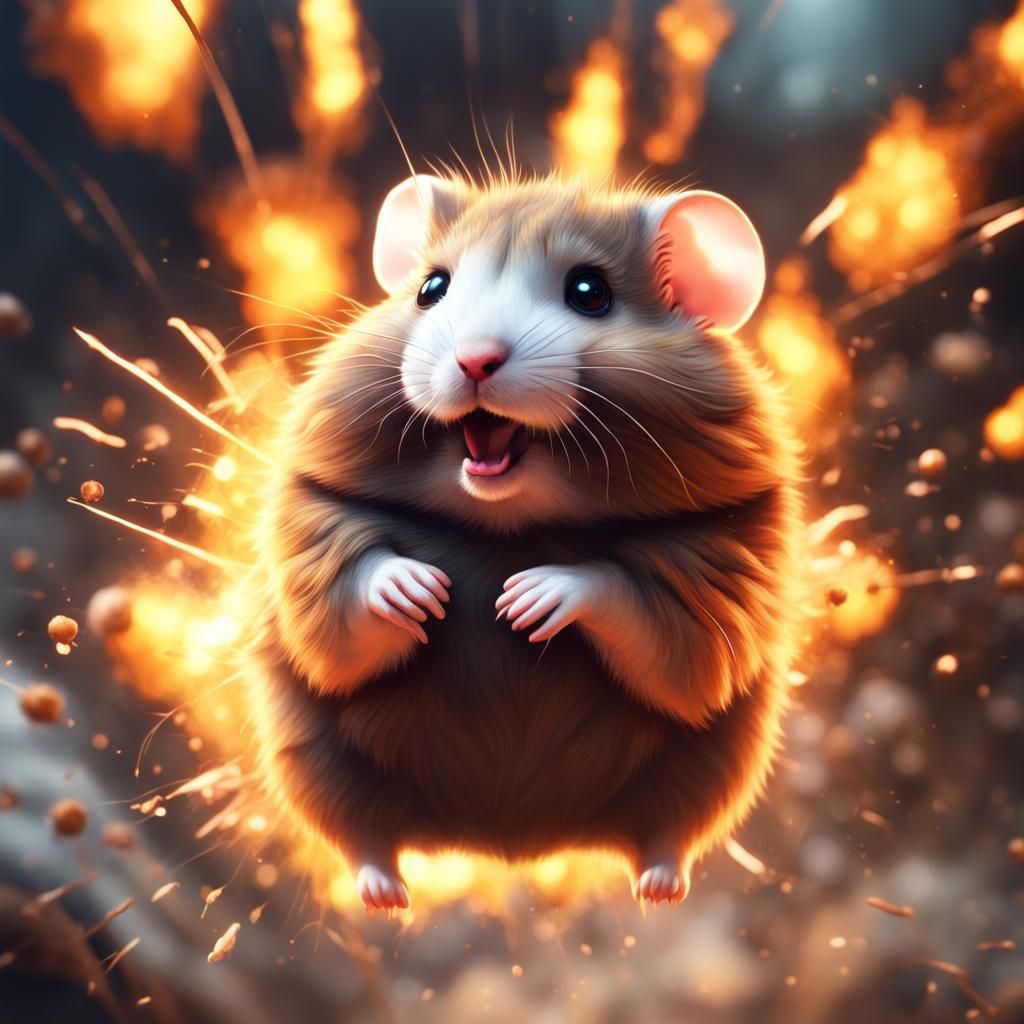 Fantastical Hamster Cub Blasts Off in a Vibrant Explosion