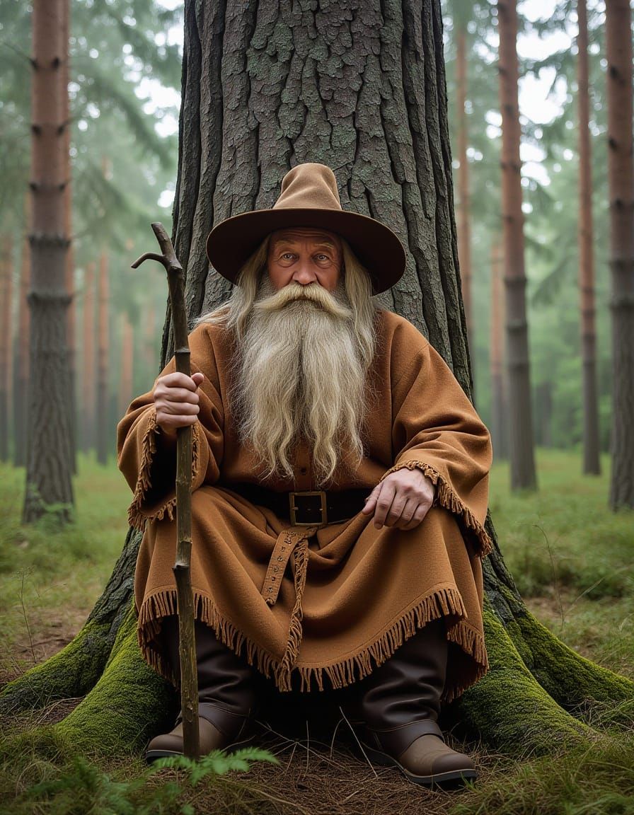 Slavic Forest Spirit Leszy Blesses Boy Collecting Trash