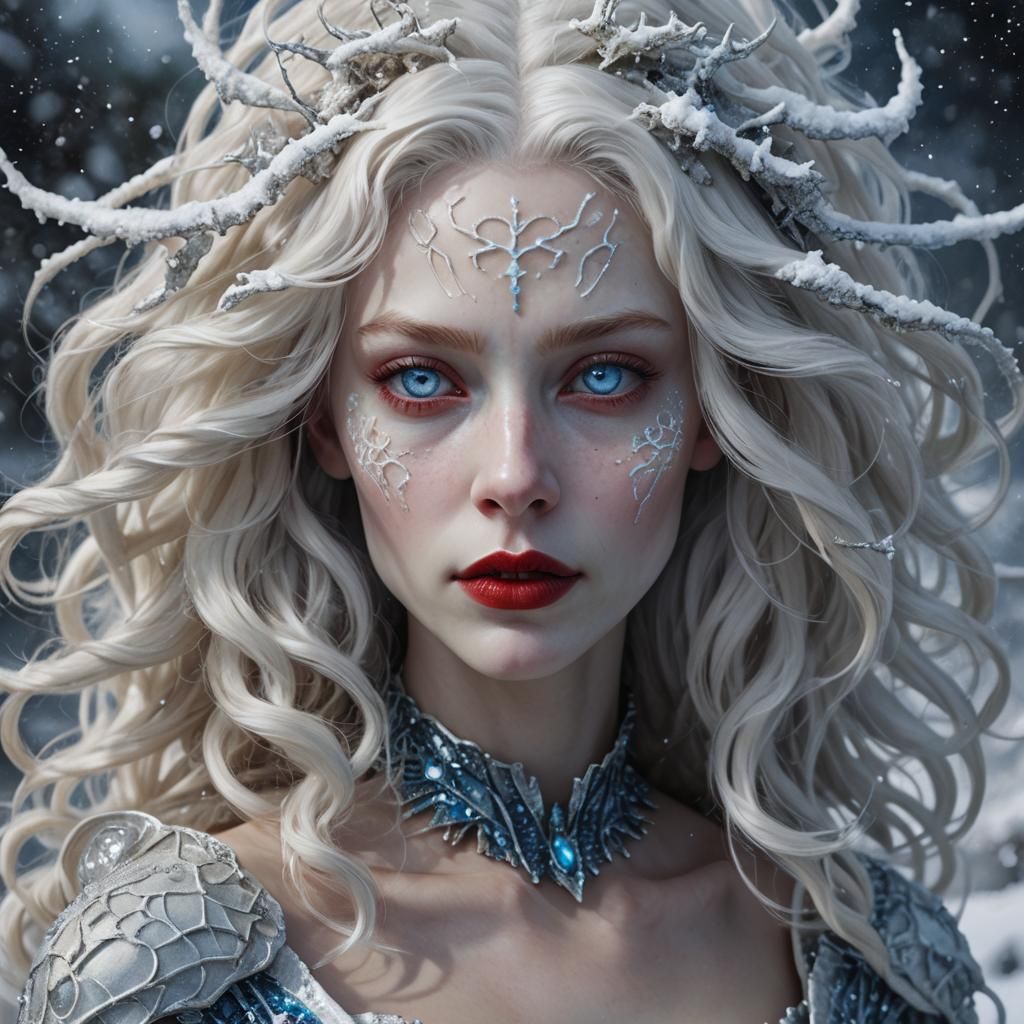 Hyperrealistic Portrait of a Regal Snow Alien Woman in a Whi...