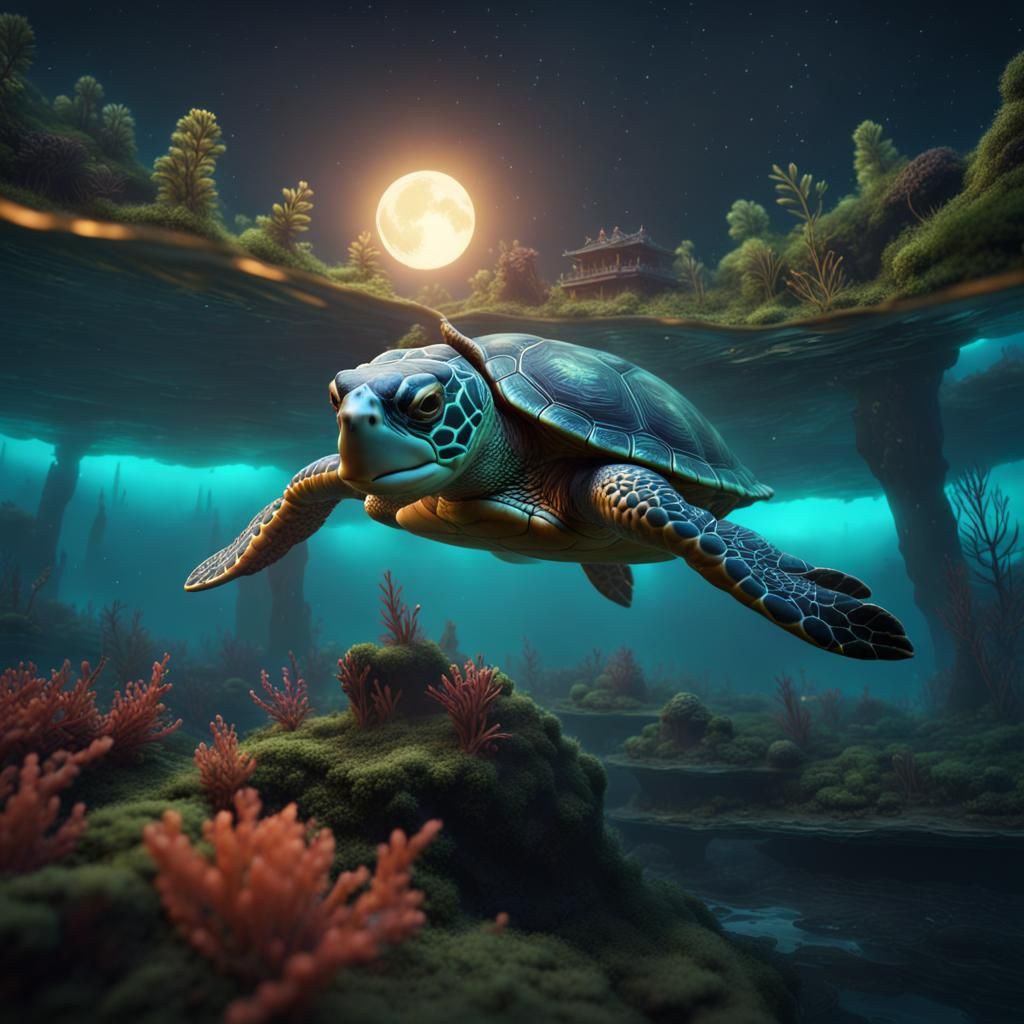 Mystical Turtle Emerges from Midnight Waters