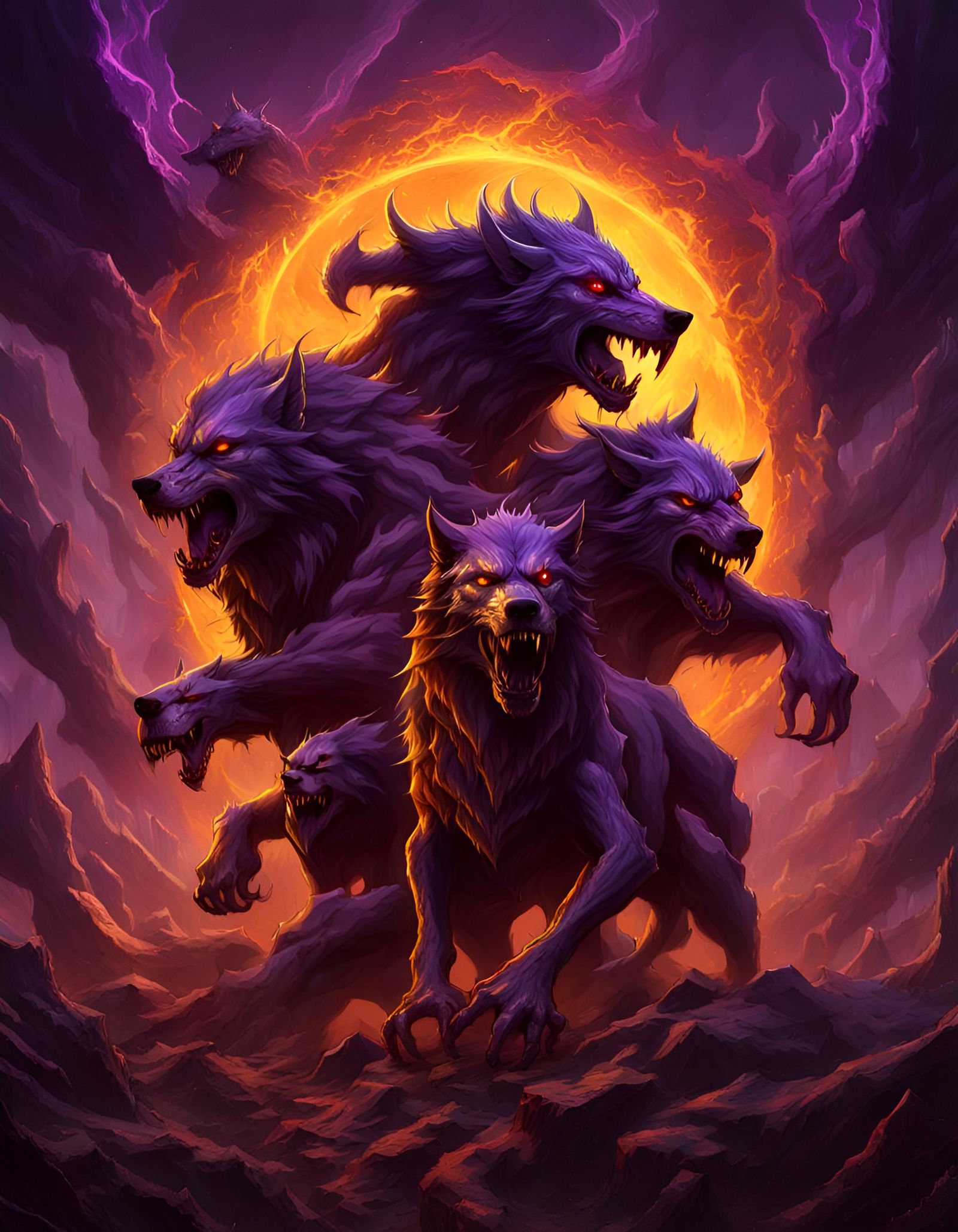 Epic Dark Fantasy Three-Headed Wolf in Hell