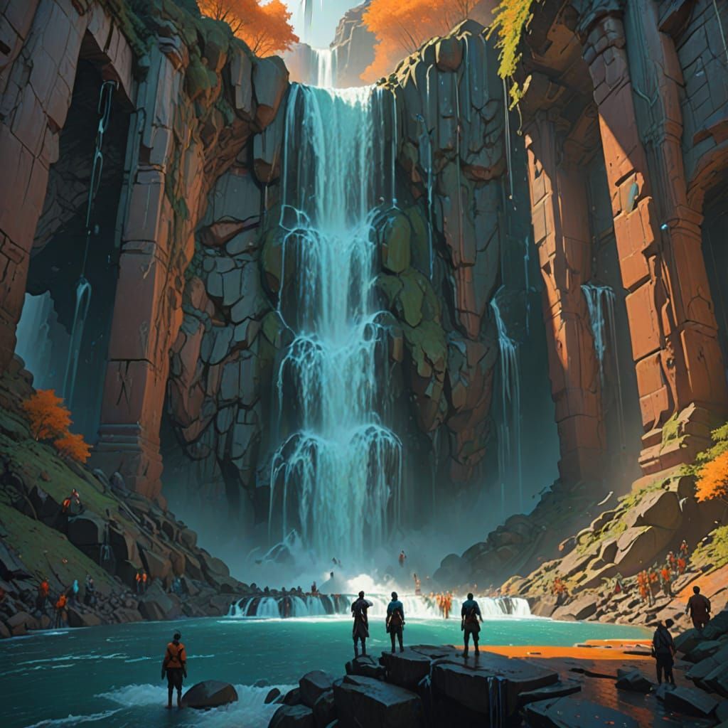 People in Bright Clothing at Waterfall Base