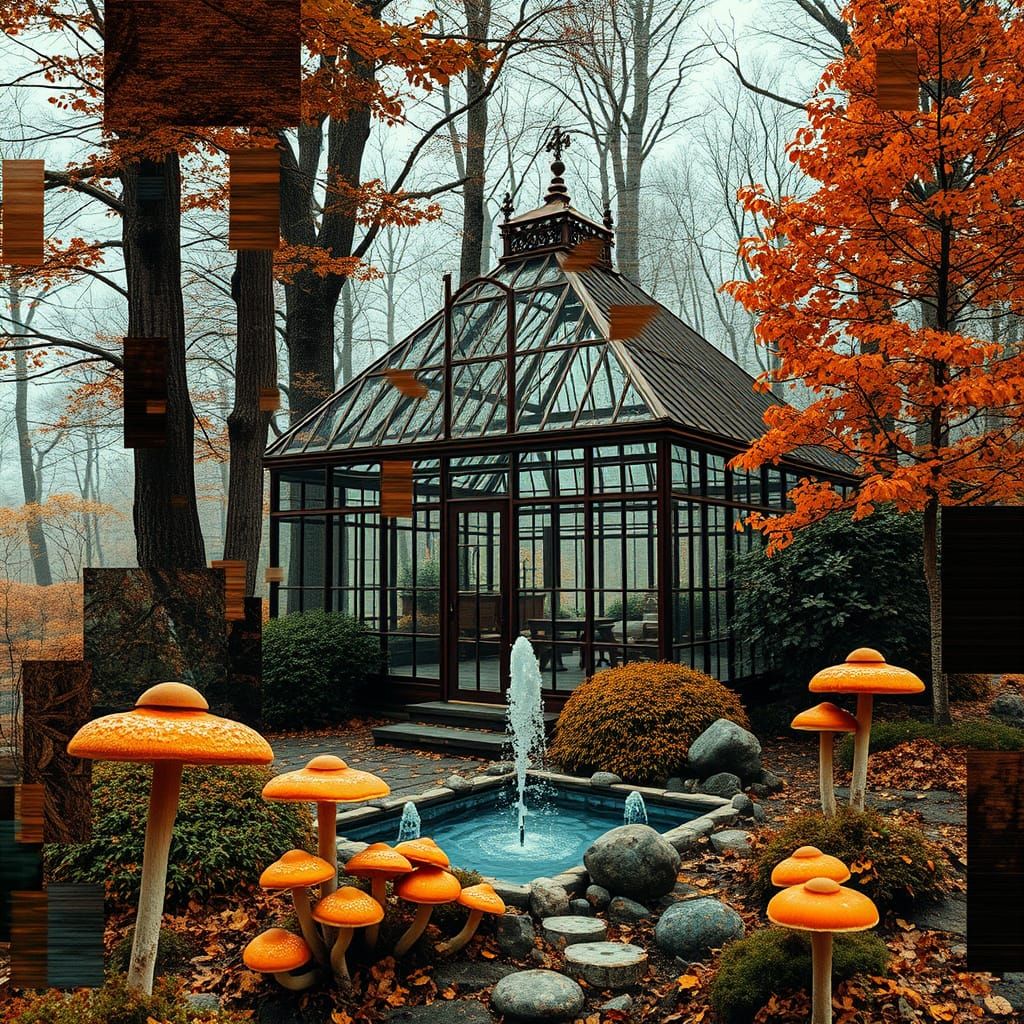 Glitch Art Autumn Forest with Greenhouse